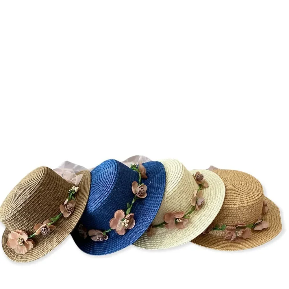 Brown Floral Lace Ribbon Band Summer Straw Sun Hat NEW